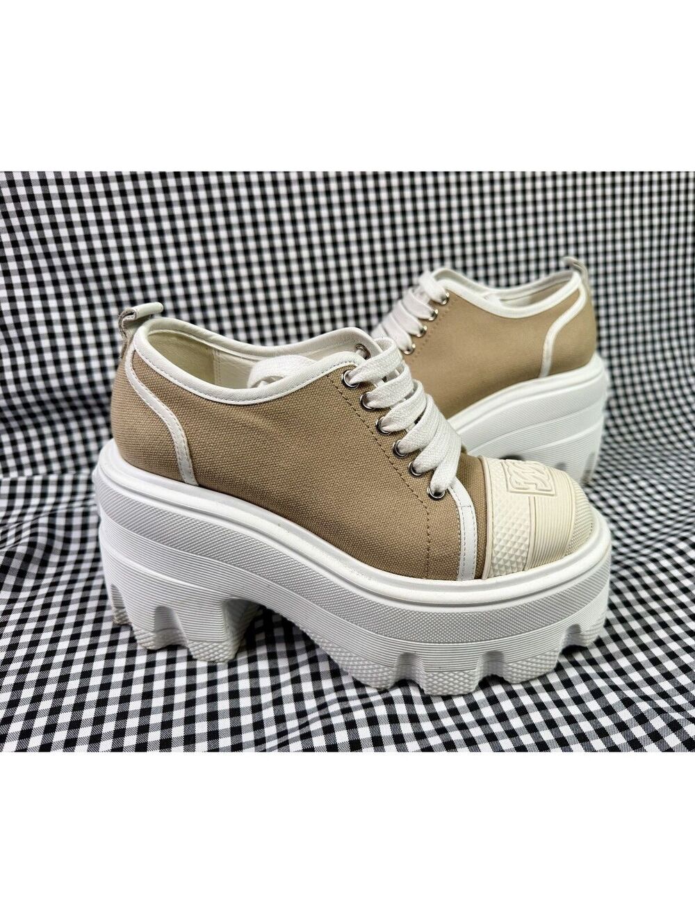 Casadei Kick Platform Sneakers Women EU 35 Beige Canvas White Chunky Sole Italy